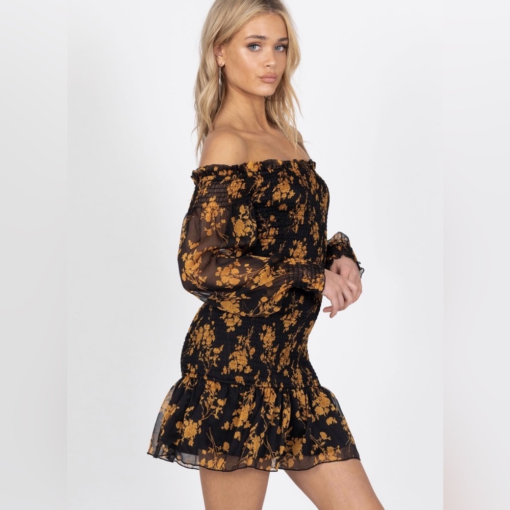 Princess Polly Floral Off the Shoulder Dress in Black & Orange, Size S